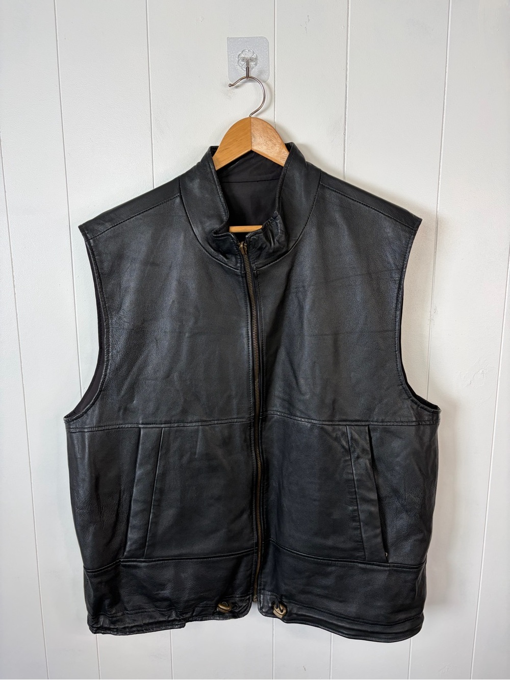 Mens Weatherproof Reversible Black Leather Zip-Up Moto Motorcycle Vest size XL